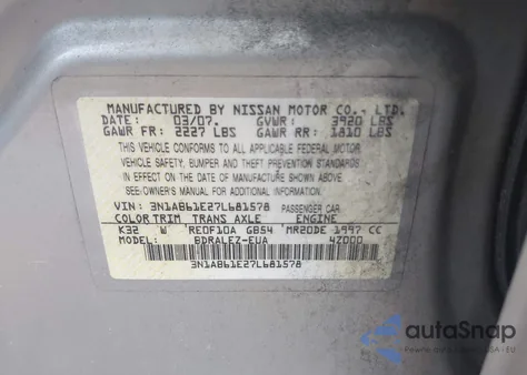 2007 Nissan Sentra 2.0S from USA, damaged, VIN 3N1AB61E27L681578